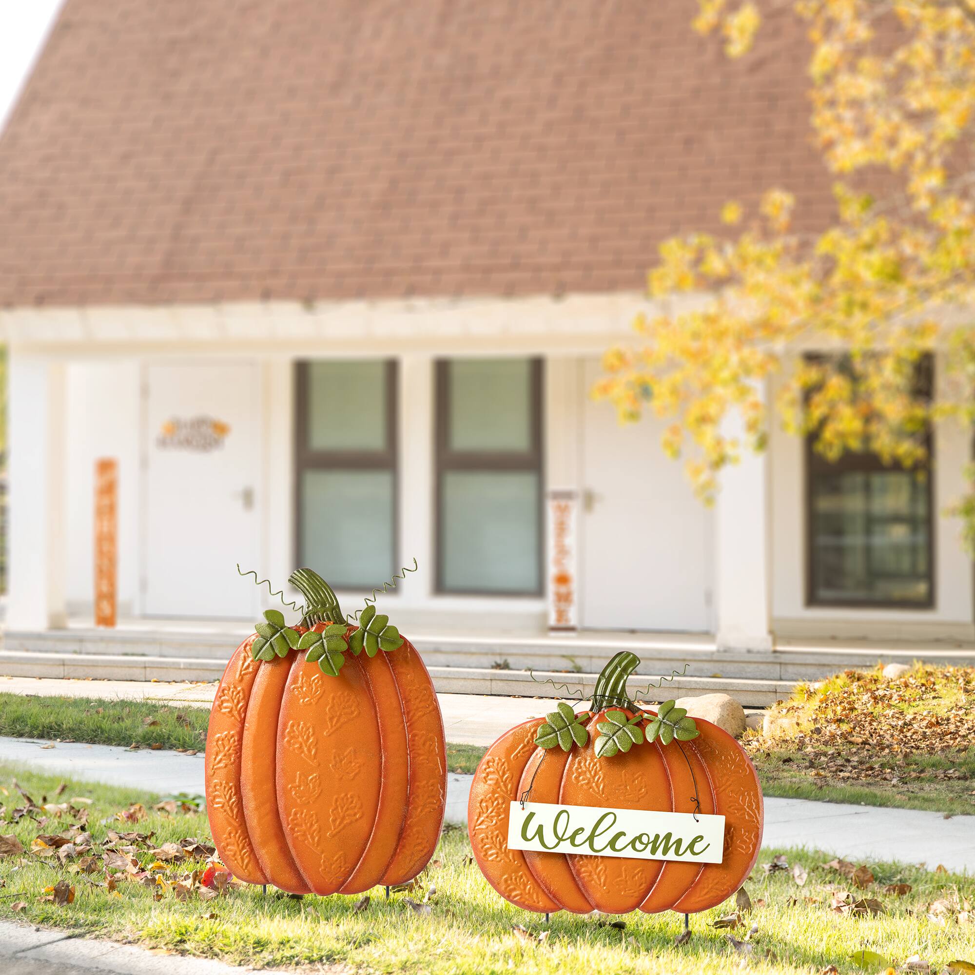 Glitzhome® 2ft. Fall Metal Embossed Glitter Pumpkin Yard Stake, 2ct.